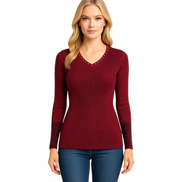 Cache Burgundy Ribbed V-Neck Sweater Women’s Size S – 100% Cotton. - Picture 2 of 7